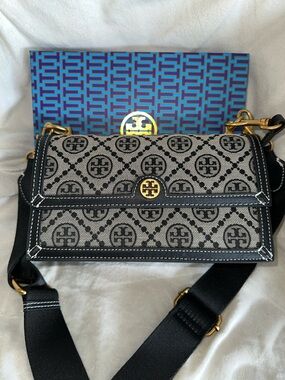 Tory Burch Black and Gray Logo Jacquard Crossbody Bag